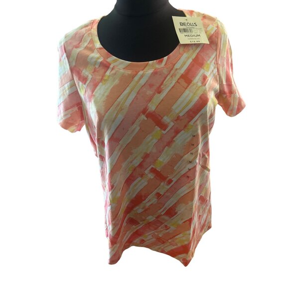 Coral Bay Tops - Coral Bay Pink & Yellow Print Short Sleeve Top, Medium